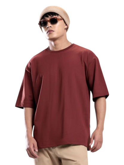 Minimalist Maroon Drop Shoulder T-Shirt – Unisex Streetwear